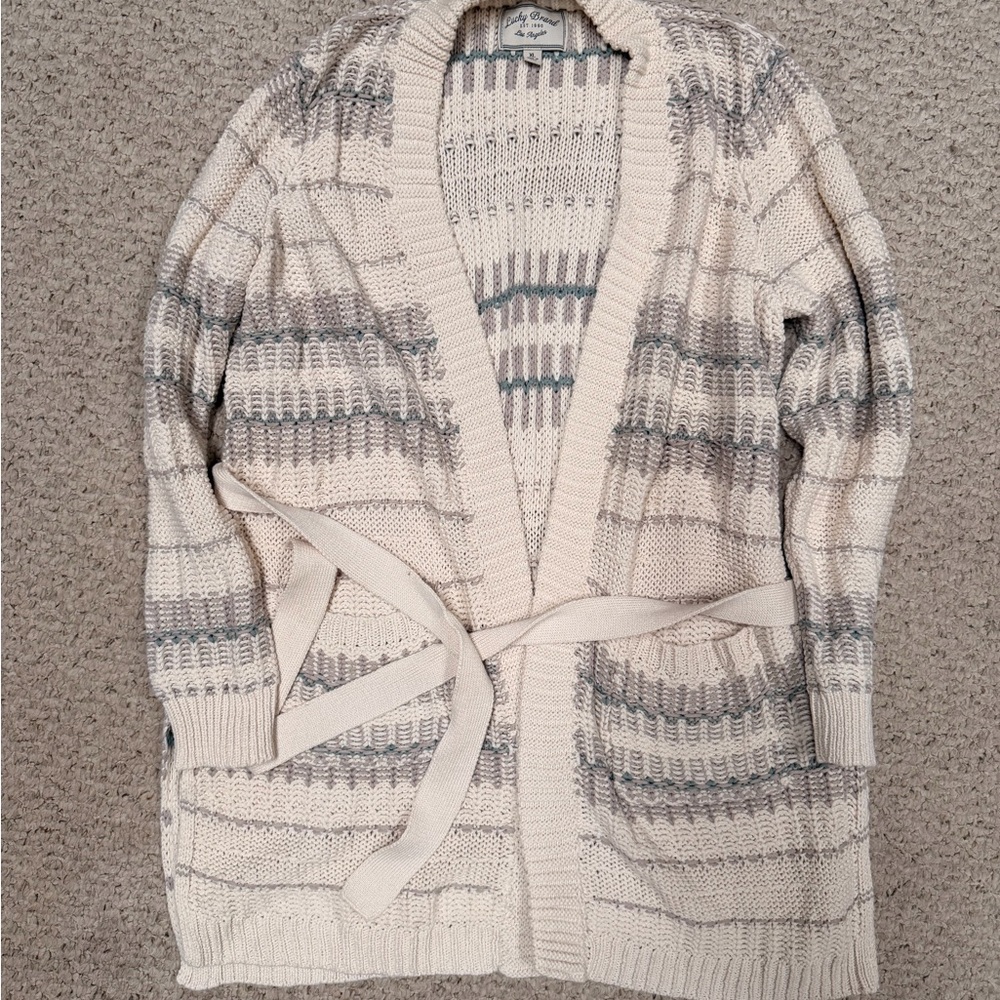 Lucky Brand Cream and Gray Striped Cardigan